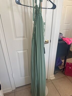 Lulu's Sage Green Backless Maxi Dress with Crochet Halter